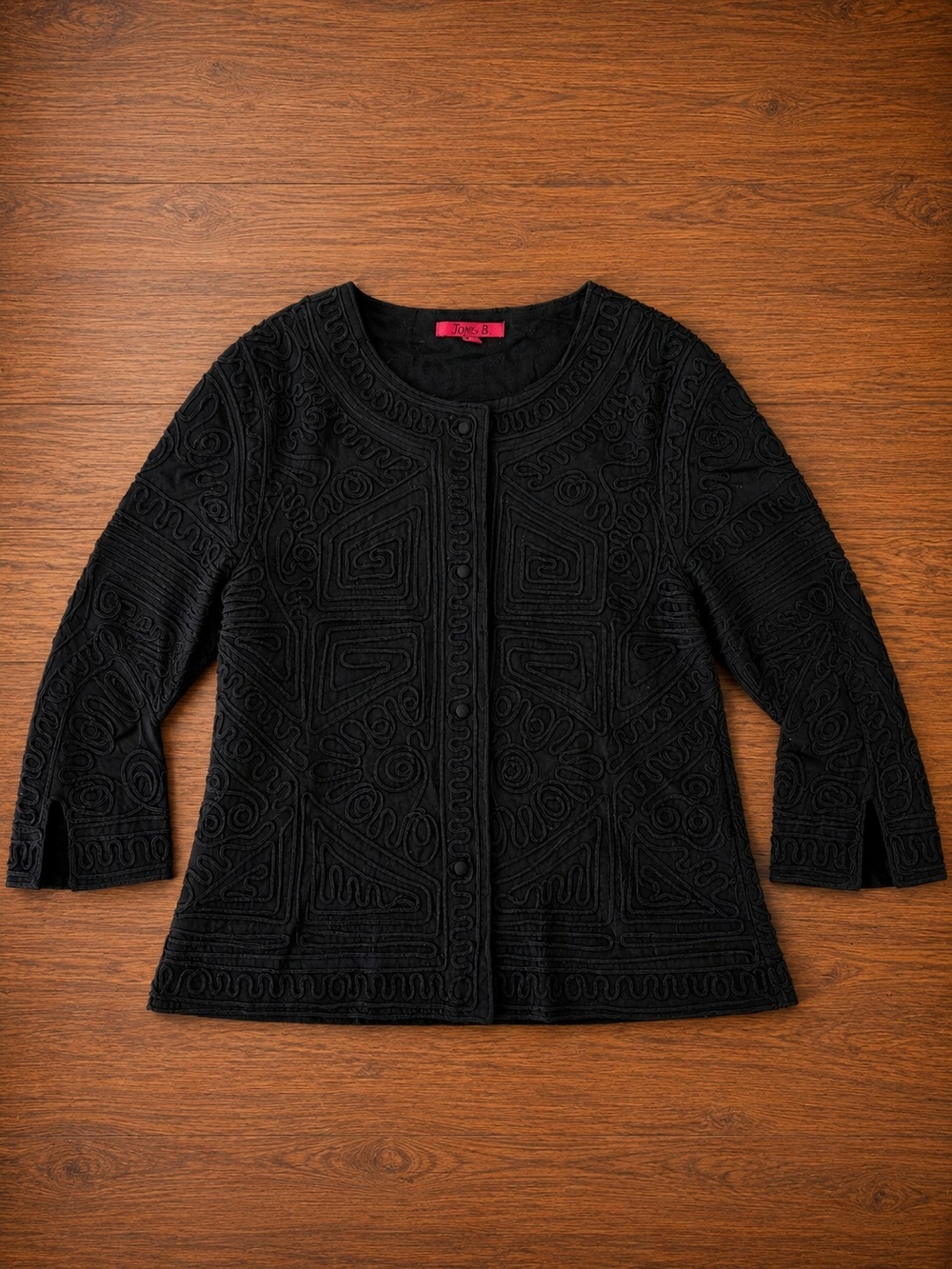 Joni B Women’s Small Black Textured Embroidered Jacket Open Front 3/4 Sleeve Top